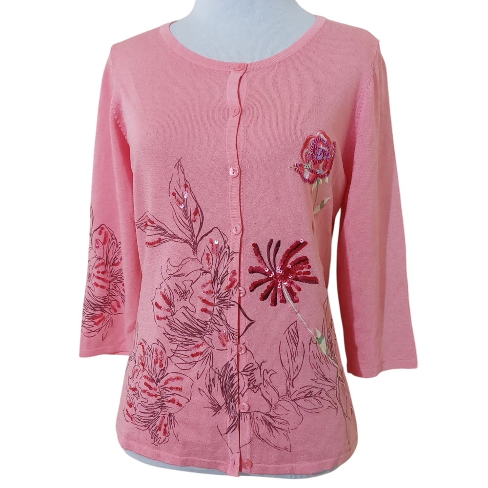 Vertigo Paris Pink Floral Embroidered Viscose Button Down Cardigan Sweater